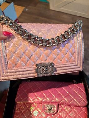 CHANEL Pink Quilted Metallic Chain Shoulder Bag